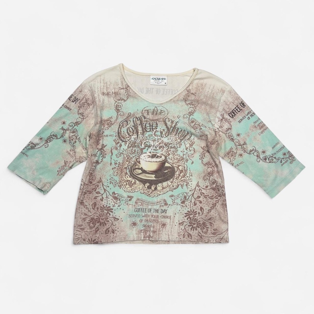 Vintage Cactus Bay Apparel Coffee Graphic Cotton Long Sleeve Bedazzled Top